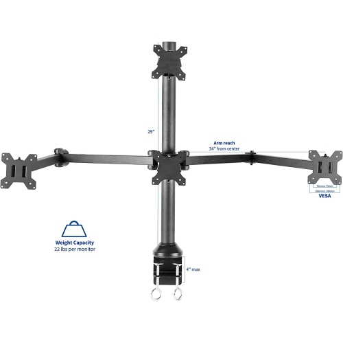 Steel Quad LED LCD Computer Monitor Heavy Duty Desk Mount, 3 Plus 1 Fully Adjustable Stand, Holds 4 Screens up to 32 inches, STAND-V104A
