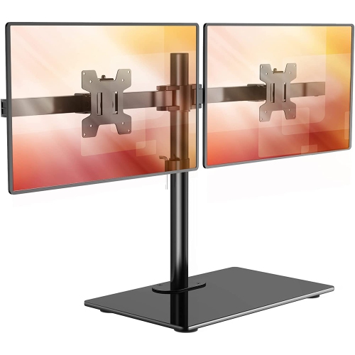 Free Standing Dual Monitor Stand, Height Adjustable Monitor Mount with Glass Base, Fits LCD LED Flat Curved Screen up to 27 inch, 22lbs, with Grommet