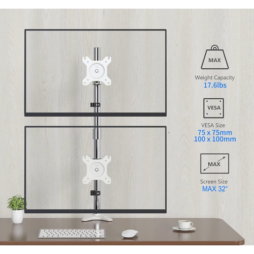 Fully Adjustable Dual Monitor Standing Mount Extra Tall 31.5' Pole with 2 Arms for Two Displays up to 32' - SA-D285