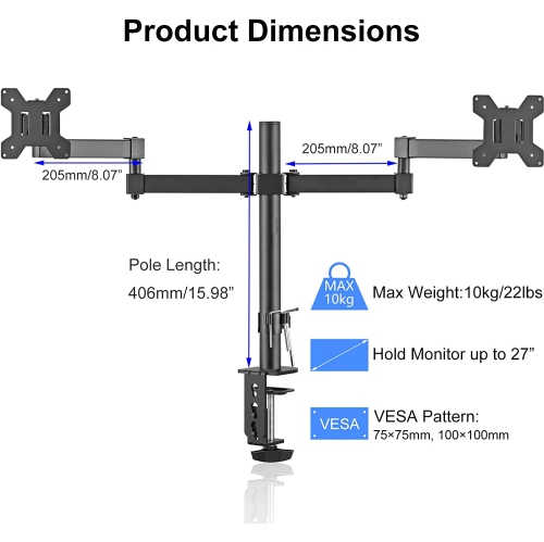 Bracwiser Dual Fully Adjustable Monitor Arm Stand Mount Fits Two Screen 13-27 inch 22lbs for Monitor Computer Screen 13 15 17 19 20 22 23 24 26 27