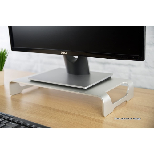 Silver Aluminum 16 inch Wide Monitor Riser, Ergonomic Desktop Stand, Modern Tabletop Organizer STAND-V000H