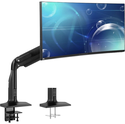 Aluminum Mount Fits up to 49 inch Ultrawide Monitor, Single Articulating Pneumatic Arm, Clamp-on Desk Stand, Fits 1 Screen with Max VESA 200x100,