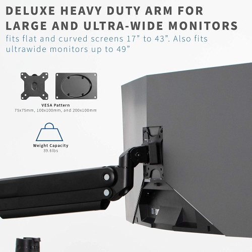 Aluminum Mount Fits up to 49 inch Ultrawide Monitor, Single Articulating Pneumatic Arm, Clamp-on Desk Stand, Fits 1 Screen with Max VESA 200x100,