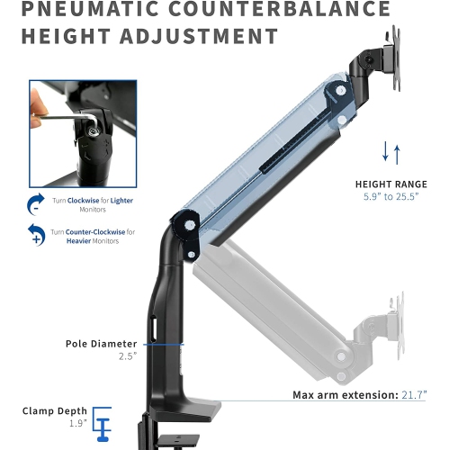 Aluminum Mount Fits up to 49 inch Ultrawide Monitor, Single Articulating Pneumatic Arm, Clamp-on Desk Stand, Fits 1 Screen with Max VESA 200x100,