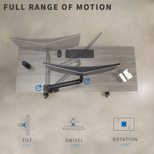 Aluminum Mount Fits up to 49 inch Ultrawide Monitor, Single Articulating Pneumatic Arm, Clamp-on Desk Stand, Fits 1 Screen with Max VESA 200x100,