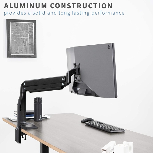 Aluminum Mount Fits up to 49 inch Ultrawide Monitor, Single Articulating Pneumatic Arm, Clamp-on Desk Stand, Fits 1 Screen with Max VESA 200x100,