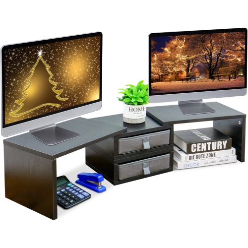 Support pour deux moniteurs avec 2 tiroirs longueur et angle ajustable 3 tablettes/range-tout grand moniteur pour 2 moniteurs/portables/PC, bois ACM