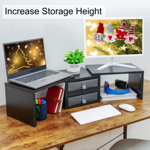 Support pour deux moniteurs avec 2 tiroirs longueur et angle ajustable 3 tablettes/range-tout grand moniteur pour 2 moniteurs/portables/PC, bois ACM