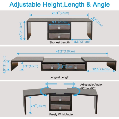 Support pour deux moniteurs avec 2 tiroirs longueur et angle ajustable 3 tablettes/range-tout grand moniteur pour 2 moniteurs/portables/PC, bois ACM