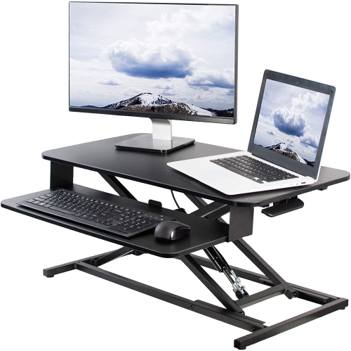 Black Height Adjustable 32 inch Economic Standing Desk Converter with Pneumatic Spring, Sit Stand Dual Monitor and Laptop Riser Workstation,