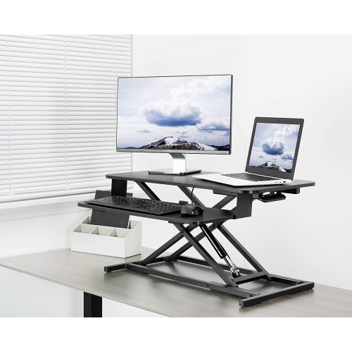 Black Height Adjustable 32 inch Economic Standing Desk Converter with Pneumatic Spring, Sit Stand Dual Monitor and Laptop Riser Workstation,