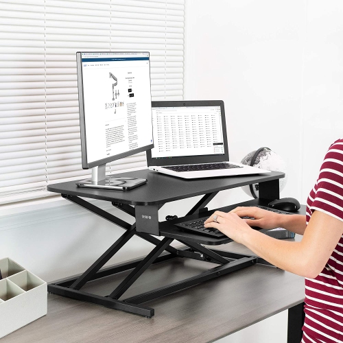 Black Height Adjustable 32 inch Economic Standing Desk Converter with Pneumatic Spring, Sit Stand Dual Monitor and Laptop Riser Workstation,