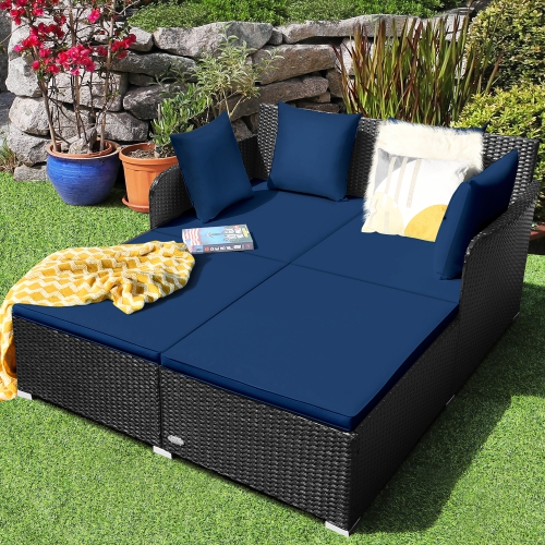 Gymax Rattan Patio Daybed Loveseat Sofa Yard Outdoor w/ Navy Cushions Pillows