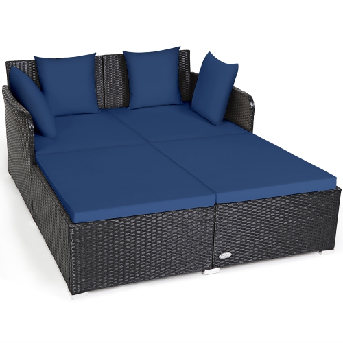 Gymax Rattan Patio Daybed Loveseat Sofa Yard Outdoor w/ Navy Cushions Pillows