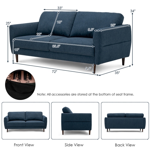 Gymax 72'' Fabric Sofa Couch Living Room Small Apartment Furniture w/ Wood Legs Navy