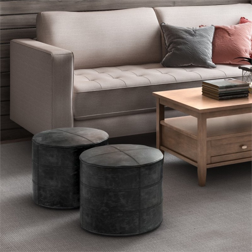 Trent Home Boho Round Pouf in Distressed Black Genuine Leather
