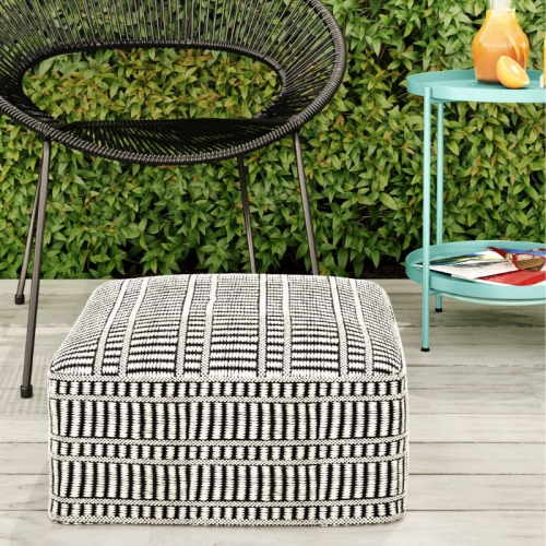 Simpli Home Safford Boho Square Woven Pouf in Black and White