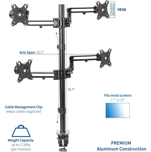 Full Motion Aluminum 17 to 32 inch Quad Monitor Desk Mount Stand with Articulating Arm Joints, Fits 4 Screens, Max VESA 100x100, STAND-V104Y