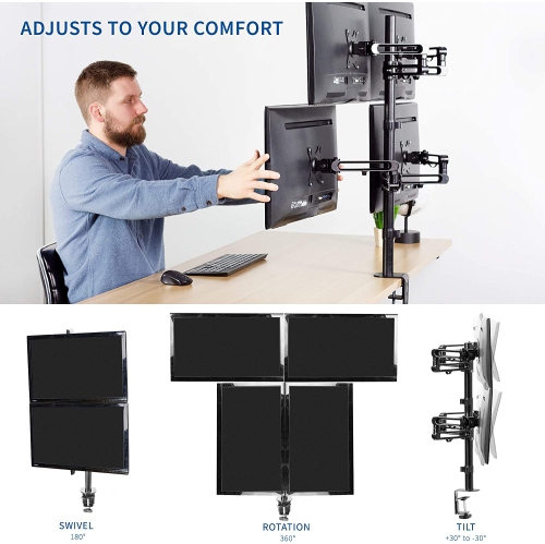 Full Motion Aluminum 17 to 32 inch Quad Monitor Desk Mount Stand with Articulating Arm Joints, Fits 4 Screens, Max VESA 100x100, STAND-V104Y
