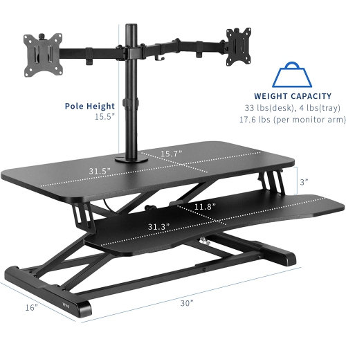 Height Adjustable 32 inch Standing Desk Converter with Dual 13 to 30 inch Monitor Stand, Sit Stand Monitor Mount and Desk Riser, Black, DESK-V000K-M2