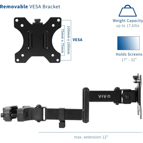 Steel Universal Full Motion Pole Mount Monitor Arm with Removable 75mm and 100mm VESA Plate, Fits 17 to 32 inch Screens, Black, MOUNT-POLE01A