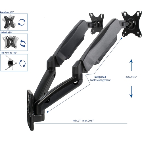 Height Adjustable Pneumatic Extended Arm Dual Monitor Wall Mount Full Motion Articulating, Fits 2 Screens 17 to 27 inches, Black, MOUNT-V002G