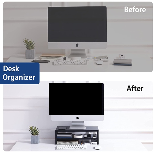 Wood Monitor Stand Riser 2 Tiers 16.7 inch Computer Laptop Stand with Storage Shelf, Desk Organization for Home Office Supplies, Black DT204201WB