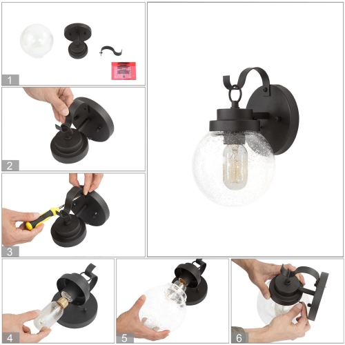 2-pack Modern Black 1-Light Industrial Outdoor Wall Lights Globe Glass Sconces