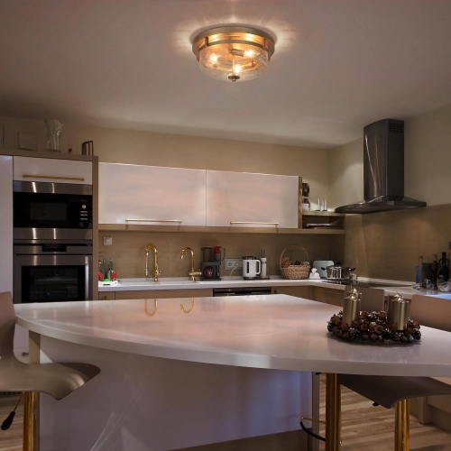 Plafonnier moderne en laiton doré à 3 lumières avec fini verre bosselé&nbsp;