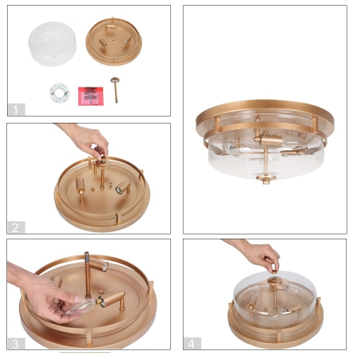 Plafonnier moderne en laiton doré à 3 lumières avec fini verre bosselé&nbsp;