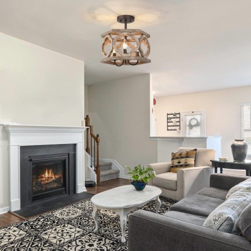 Farmhouse 3-Light Distressed Wood Drum Semi-Flush Mount Ceiling Lights