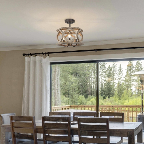 Farmhouse 3-Light Distressed Wood Drum Semi-Flush Mount Ceiling Lights