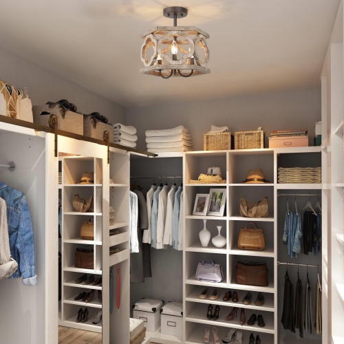 Farmhouse 3-Light Distressed Wood Drum Semi-Flush Mount Ceiling Lights