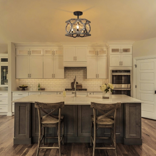 Farmhouse 3-Light Distressed Wood Drum Semi-Flush Mount Ceiling Lights