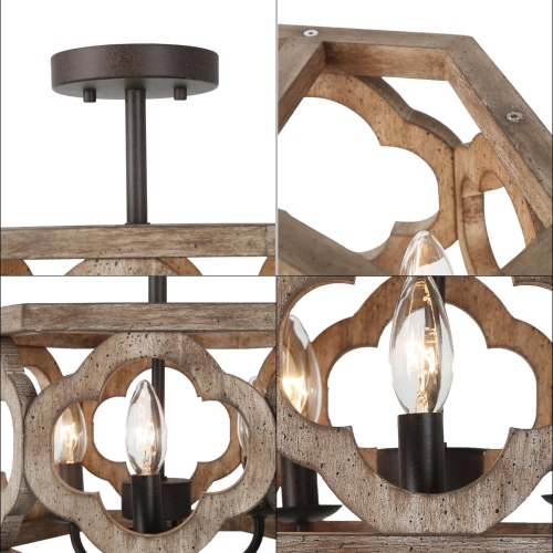 Farmhouse 3-Light Distressed Wood Drum Semi-Flush Mount Ceiling Lights