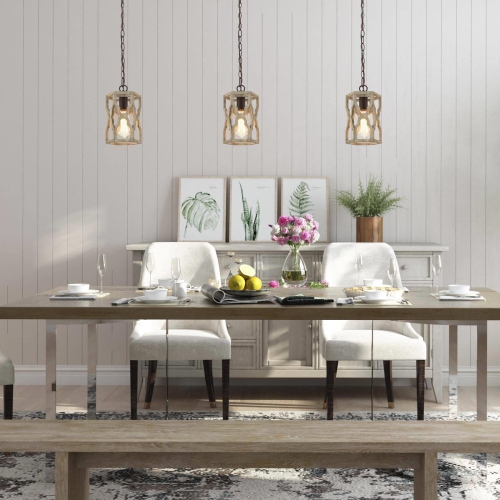 Modern Farmhouse 1-Light Cylinder Wood Island Pendant Lights for Dining Room