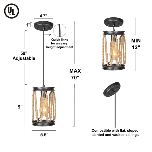 Modern 1-Light Cylinder Metal Island Pendant Lights with Hemp Rope&nbsp;