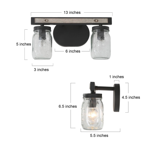 2-Light Farmhouse Bathroom Mason Jar Glass Vanity Lights Wall Sconces
