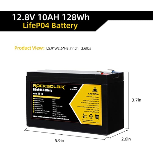 ROCKSOLAR Lithium Iron Phosphate LiFePO4 12V 10AH Battery with Battery Charger