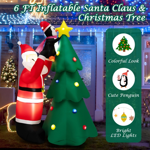 Topbuy 6 FT Inflatable Christmas Tree with Santa Claus & Penguin Blow Up Christmas Decoration with Built-in LED Lights