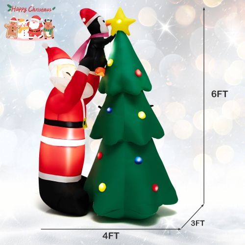 Topbuy 6 FT Inflatable Christmas Tree with Santa Claus & Penguin Blow Up Christmas Decoration with Built-in LED Lights