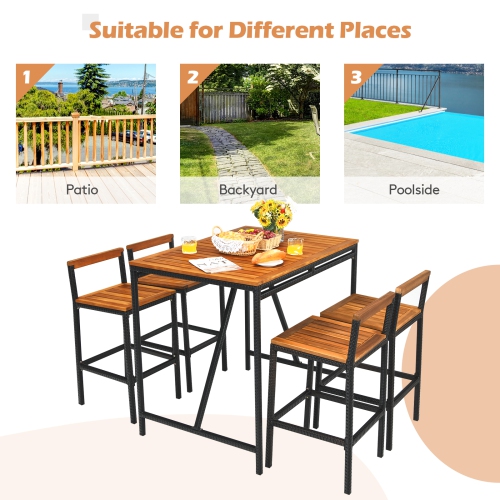 Patiojoy 5PCS Patio Rattan Bar Set with Umbrella Hole Wood High-Dining Bistro Set with 4 Bar Stools for Poolside&Garden