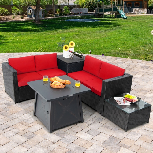 Topbuy 5-Piece Outdoor Patio Furniture Set with 50,000 BTU Propane Fire Pit Table Patio PE Wicker Conversation Set with Cushions Storage Box and