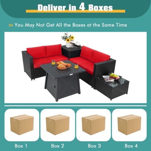 Topbuy 5-Piece Outdoor Patio Furniture Set with 50,000 BTU Propane Fire Pit Table Patio PE Wicker Conversation Set with Cushions Storage Box and
