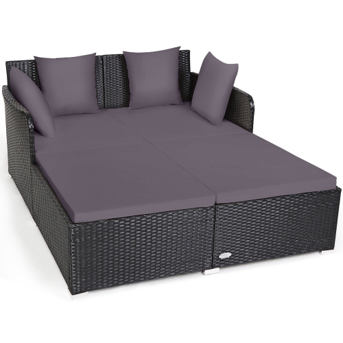 TOPBUY  Patio Rattan Daybed With 4 Pillows Cushioned Sofa for Outdoor Biege/turquoise/red