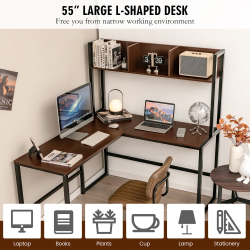 COSTWAY  55"l-Shaped Desk Corner Computer Desk Writing Workstation Table W/hutch