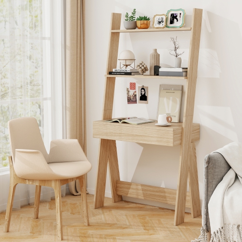 Costway Ladder Shelf Desk Bookcase w/Countertop, Drawer & 2 Shelves Bookshelf