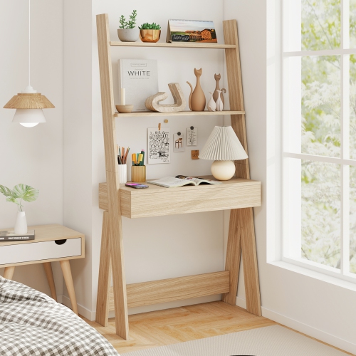 Costway Ladder Shelf Desk Bookcase w/Countertop, Drawer & 2 Shelves Bookshelf