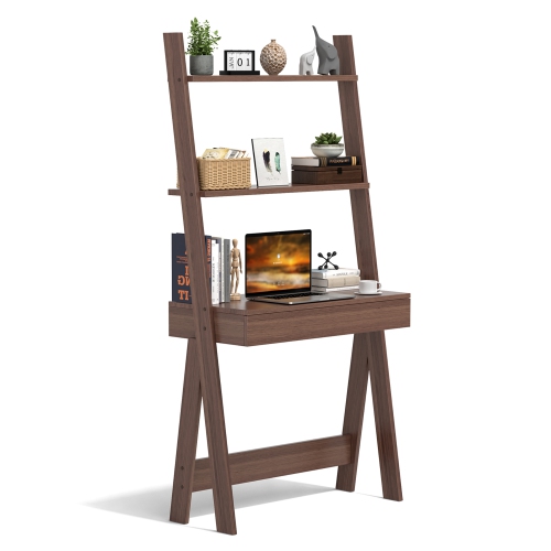 COSTWAY  Ladder Shelf Desk Bookcase W/countertop, Drawer & 2 Shelves Bookshelf