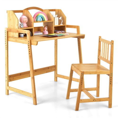 Costway Bamboo Kids Study Desk And Chair Set Height Adjustable Home School w/ Bookshelf